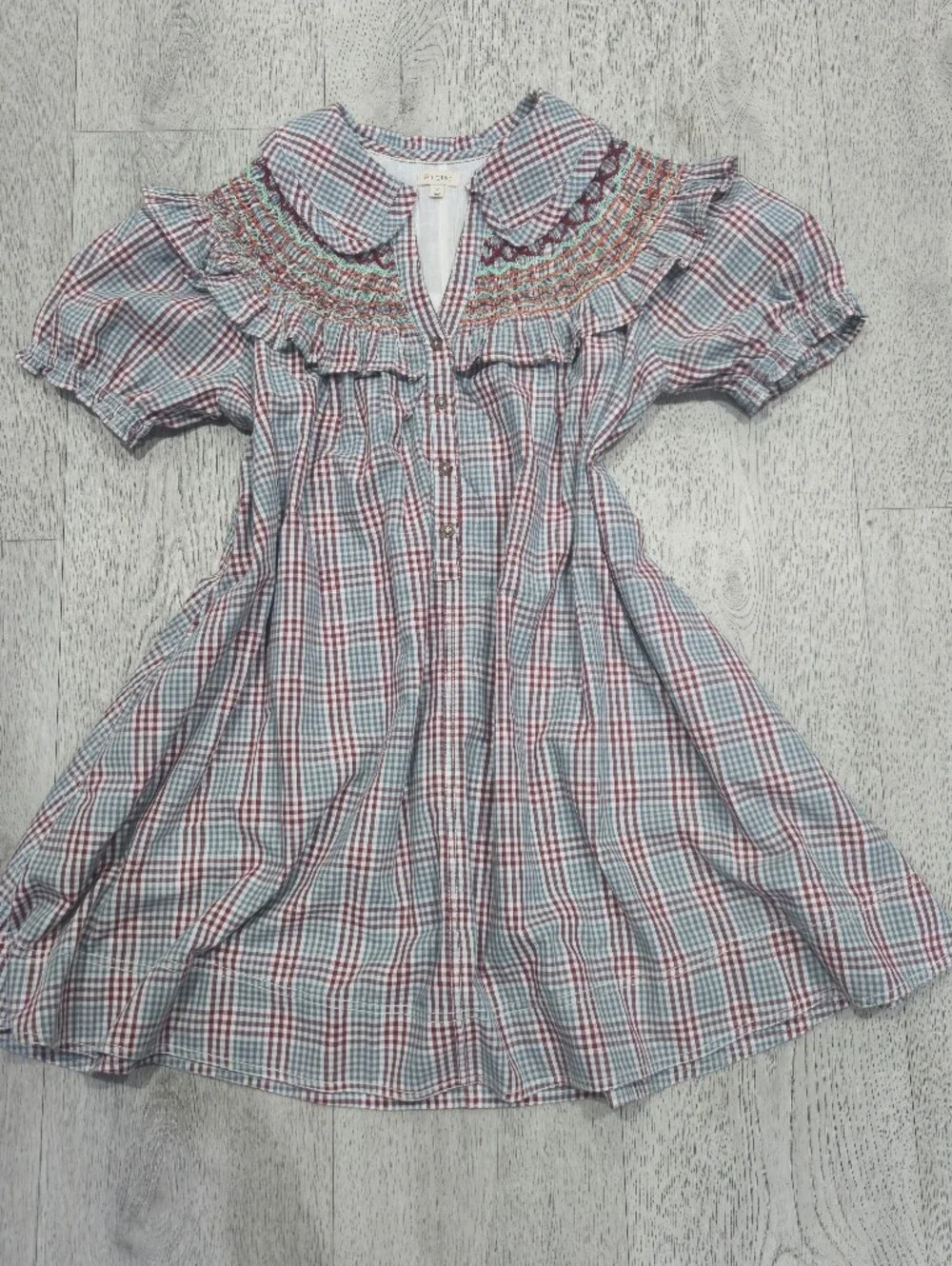 Pilcro Anthropologie Smocked Plaid Babydoll Mini Dress Ruffle Collar Puff Sleeve